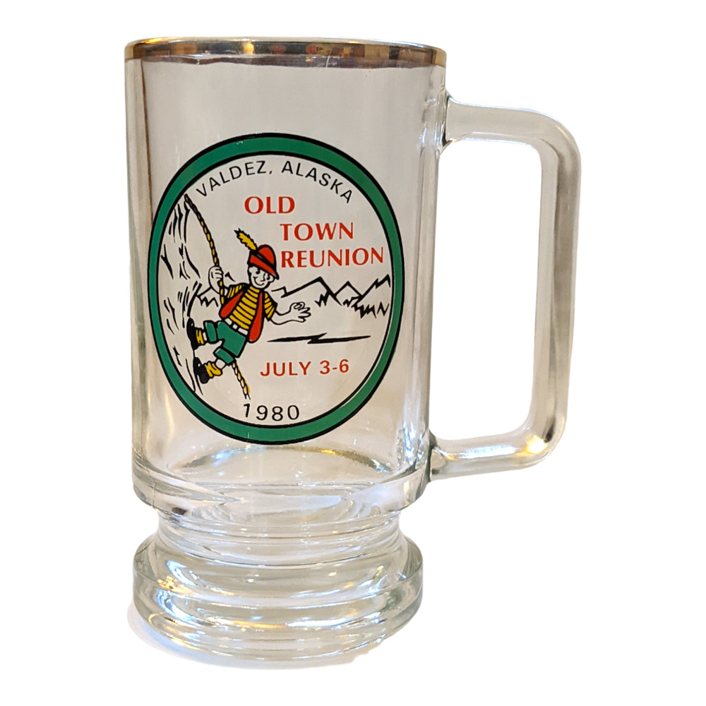 Vintage Valdez Alaska Old Town Reunion Beer Glass 1980 Glass Stein‎ Gold Rim